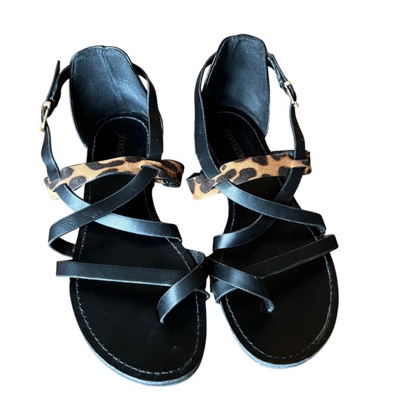 JustFab North Strappy Flat Sandal with Buckle | Black & Animal Print | Size 7 - Picture 5 of 9